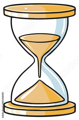 Vector cartoon hourglass with golden sand flowing inside measuring time and countdown