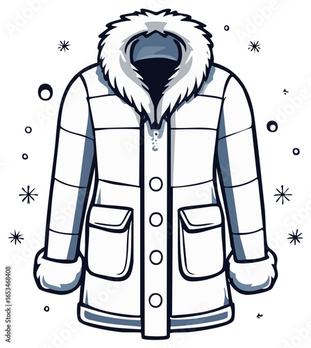 White Puffer Coat with Fur Hood Winter Fashion Outerwear Illustration