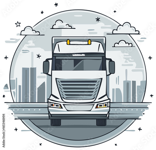Truck Traveling on Highway with City Skyline in Background Transportation Vehicle Cartoon