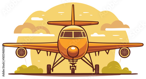 Front View of Jet Airplane, Wheels, Cabin and Sky Illustration in Orange and Yellow Tones, Flat Cartoon Style