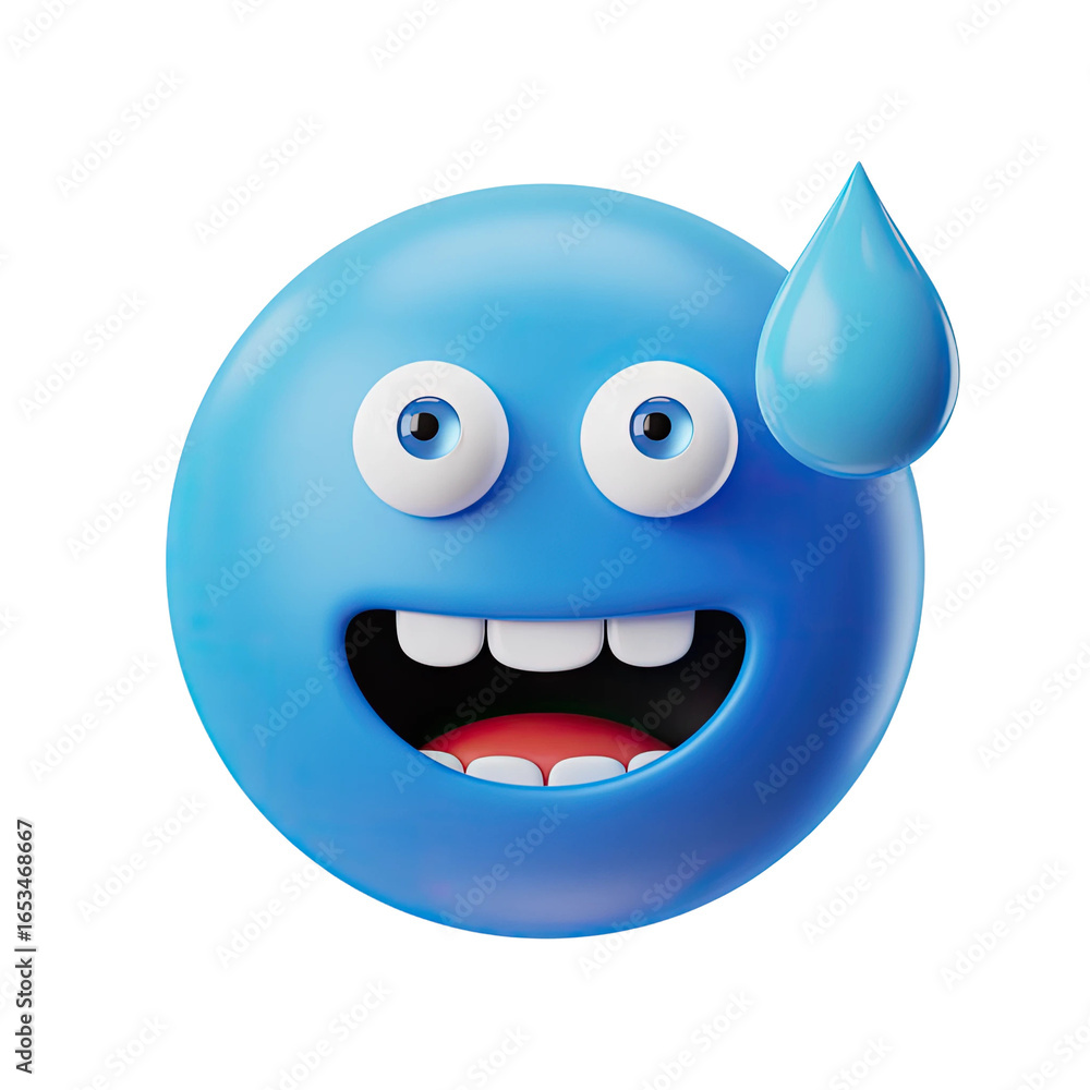 Fototapeta premium Feeling stressed but smiling through it all, a blue emoji with a sweat drop captures relatable daily pressure.