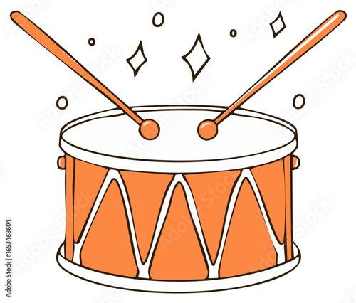 Vibrant orange musical drum and two drumsticks hand drawn illustration with sparkling festive design