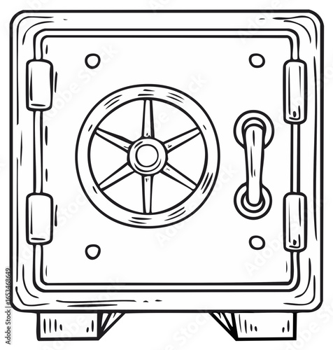 Hand Drawn Black Outline Safe Box Security Vault with Dial and Handle