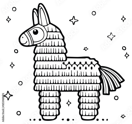 Cute donkey piñata black and white illustration for a festive celebration