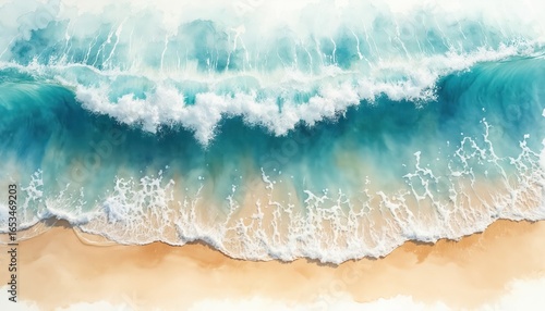 Watercolor illustration shows top-down view of summer beach with rolling waves, sandy shore. Gentle turquoise ocean water meets golden sand creating abstract patterns. Ideal for vacation, travel,