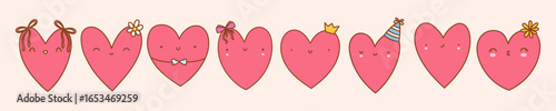 Adorable pink hearts with smiling faces and decorative accessories arranged in a row. Fun and playful concept. Stock vector illustration in cartoon style.