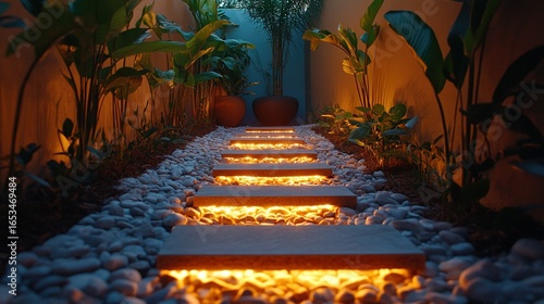 Illuminated steps lead through a garden with rocks and tropical plants at night.