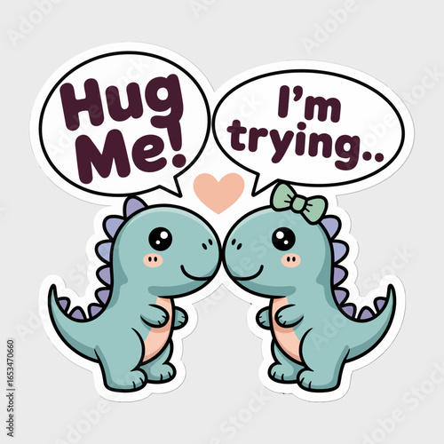 Cartoon dinosaurs hugging isolated on white background, a cute animal couple with love and affection, featuring speech bubbles with the text hug me im trying