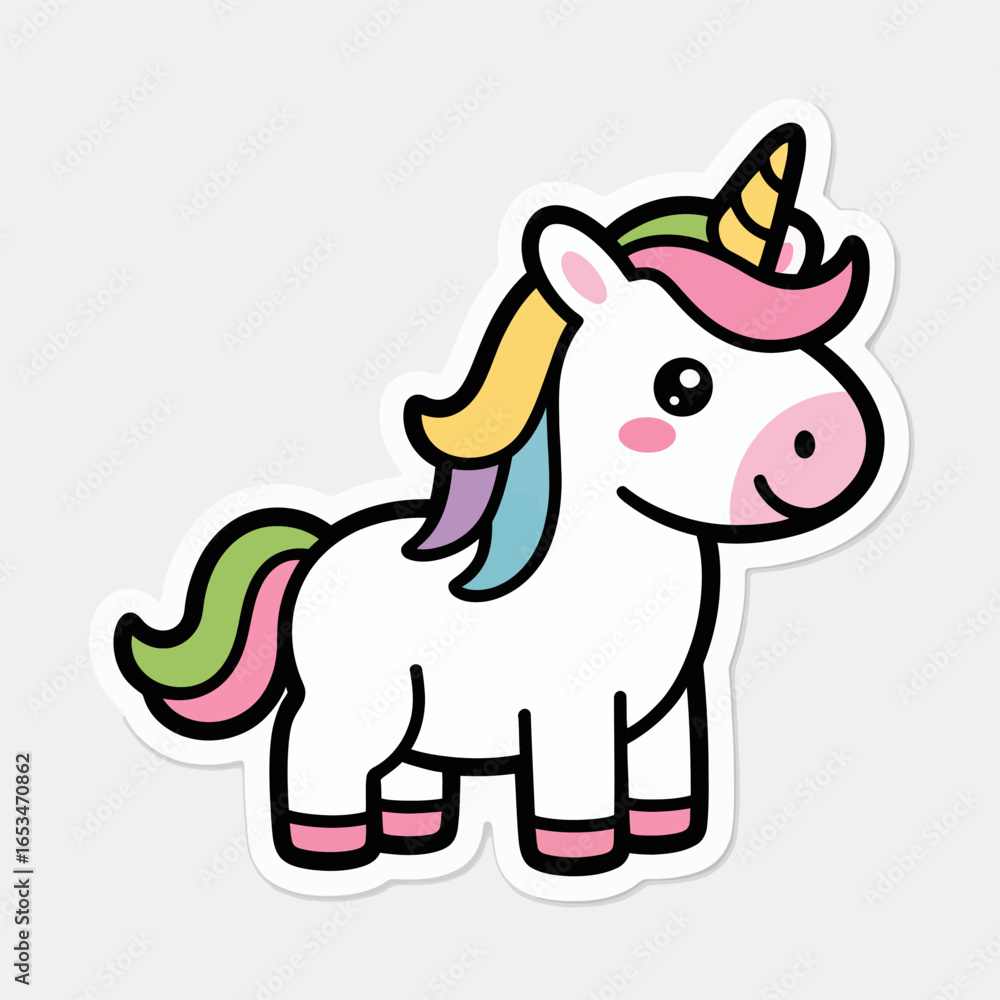 Naklejka premium Cute cartoon unicorn isolated on white background adorable magic horse character illustration sweet and funny fantasy animal drawing for kids playful mythical creature mascot design