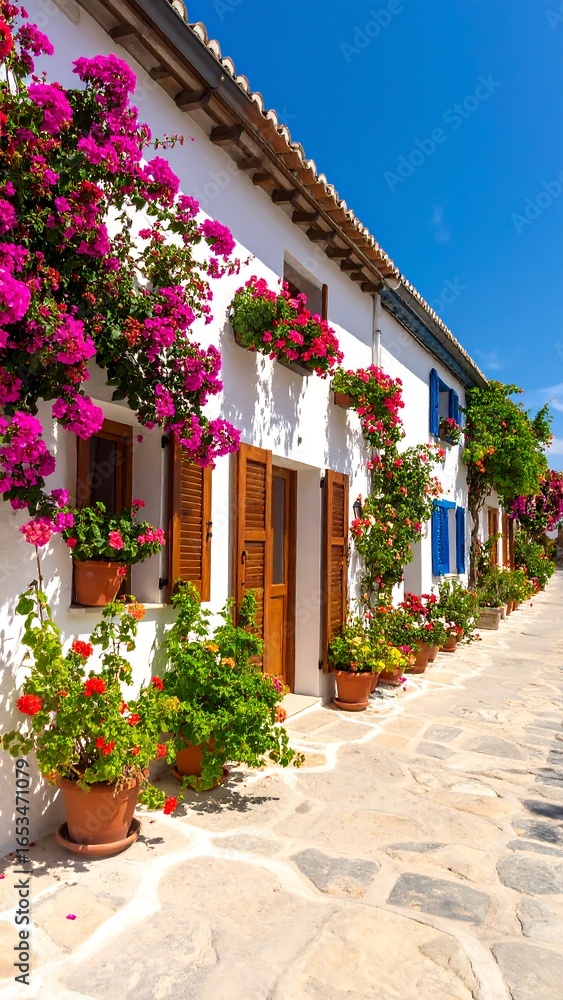 Naklejka premium Charming whitewashed houses with vibrant flowers