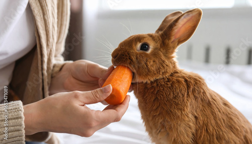 Brown rabbit is being fed fresh carrot by person in cozy indoor setting, showing gentle moment of care and affection between human and animal