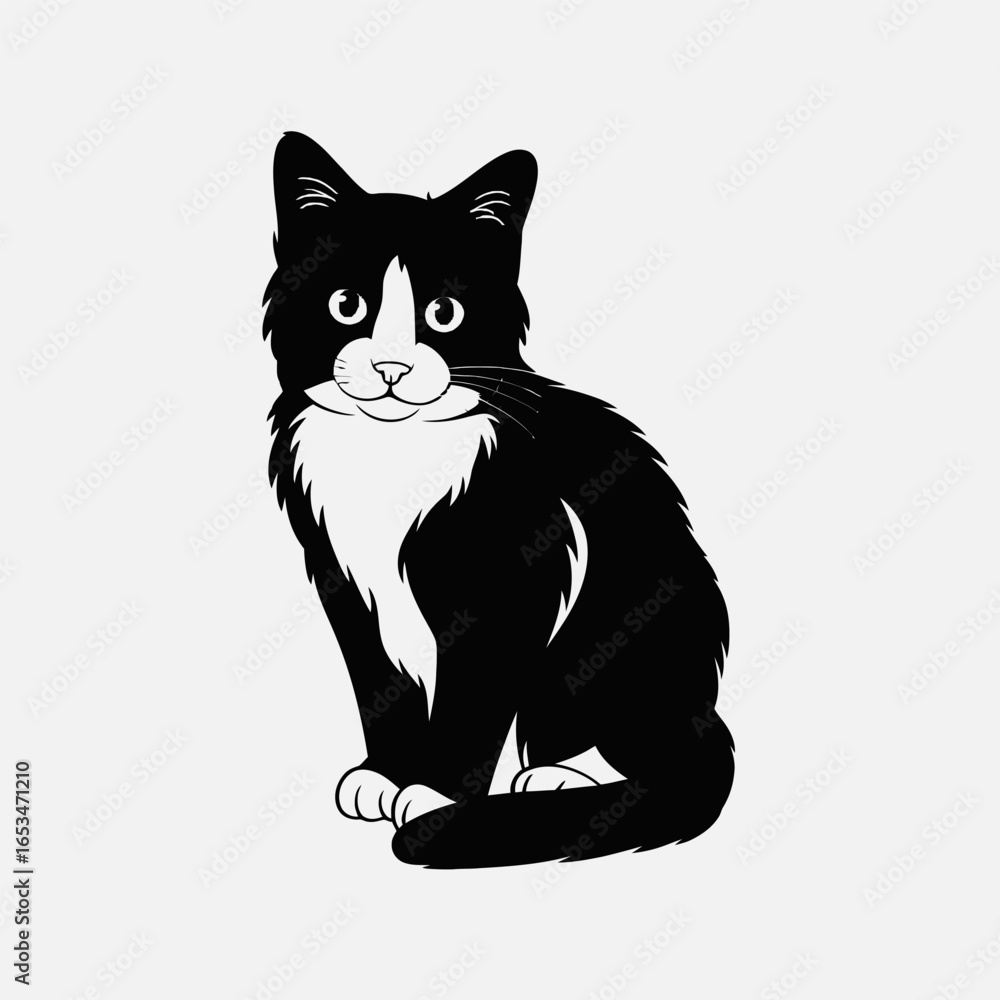 Obraz premium A charming tuxedo cat isolated on white background, showcasing its elegant black and white coat and captivating green eyes, a perfect representation of feline grace