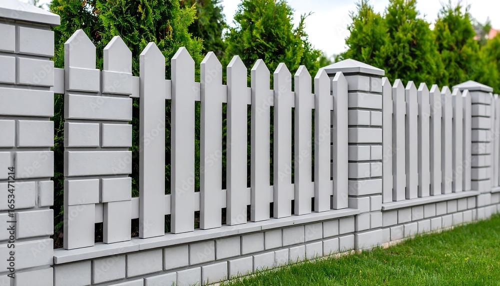 Light gray fence with white pickets Light gray fence with white pickets