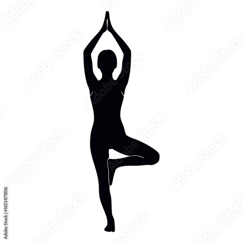 Silhouette of a woman in the Tree Pose (Vrksasana) on a white background, symbolizing balance and mindfulness.