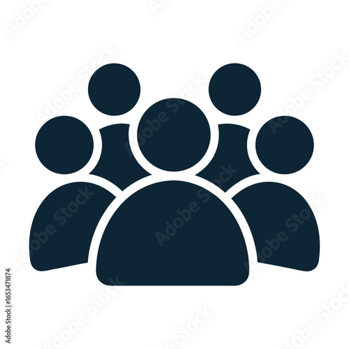 A stylized, dark blue icon representing a group of five people, symbolizing community, teamwork, or a user profile.
