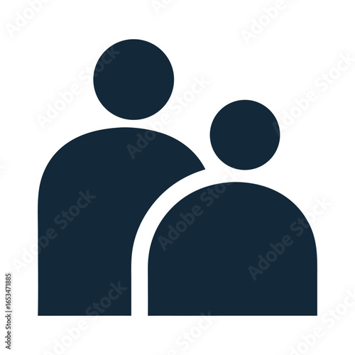 A simple, modern, dark blue icon representing two people, one taller than the other, suggesting partnership, community, or a relationship.