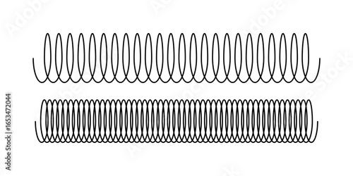 Black coil, shock absorber or extension spring shapes isolated on white background. Metal wire spirals. Parts of car suspension. Industrial equipment element. Vector graphic illustration. 