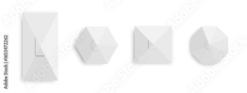 White tents top view. Gazebo umbrellas in rectangle, square, hexagon and octagon shapes. Event, cafe or shop sunshades. Market canopy mockups isolated on white background. Vector illustration.