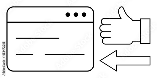 Browser interface with simplified layout, large thumbs-up gesture nearby with directional arrow. Ideal for feedback, user approval, navigation, interface design, positive actions, user journey