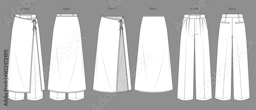 Vector woman tailor jogger and maxi skirt technical drawing, classic style pants with waistband and welt pockets detail fashion CAD, template, sketch, flat. Woman trousers, front,back view,white color