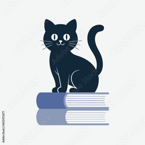 A charming black cat perched gracefully atop a stack of books, isolated on white background, creating a delightful scene that celebrates the joy of reading and feline companionship
