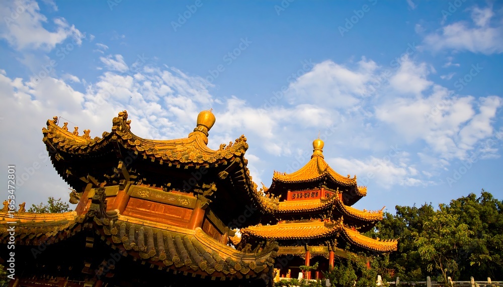 Obraz premium Ancient Chinese temple, golden roofs against a vibrant sky