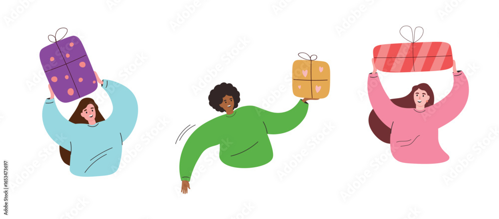 Fototapeta premium Joyful girls with gift boxes in their hands. Vector flat graphics.