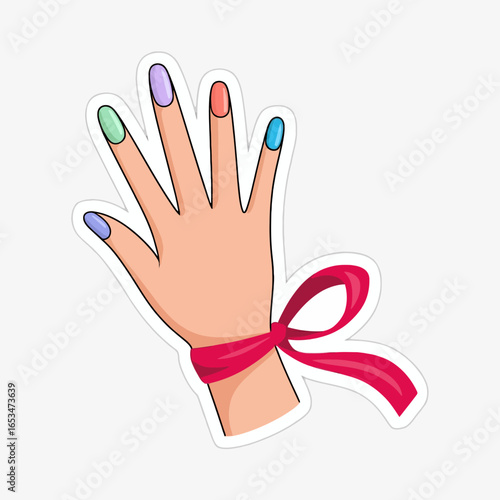 Illustration of a hand with colorful nail polish and a pink ribbon tied around the wrist isolated on white background perfect for beauty, fashion, or lifestyle content
