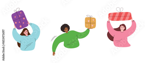 Joyful girls with gift boxes in their hands. Vector flat graphics.