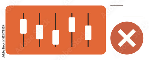 Horizontal sliders in rectangular panel with a cancel sign represent control settings, adjustment options, reset actions. Ideal for UI design, management, software interface, technology, preference