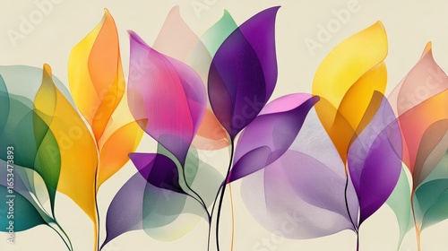 Colorful translucent leaves in vibrant hues create a serene background with soft gradients