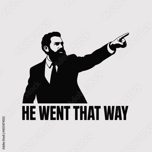 A retro cartoon man with a beard points the way, saying he went that way, isolated on white background, perfect for vintage designs, humorous illustrations, and leadership concepts