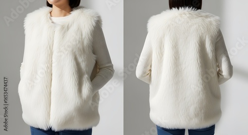 Cream-colored faux fur vest, front and back views, shown on a model.