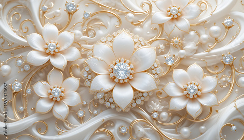 Luxurious White Flowers Adorned with Diamonds and Gold.