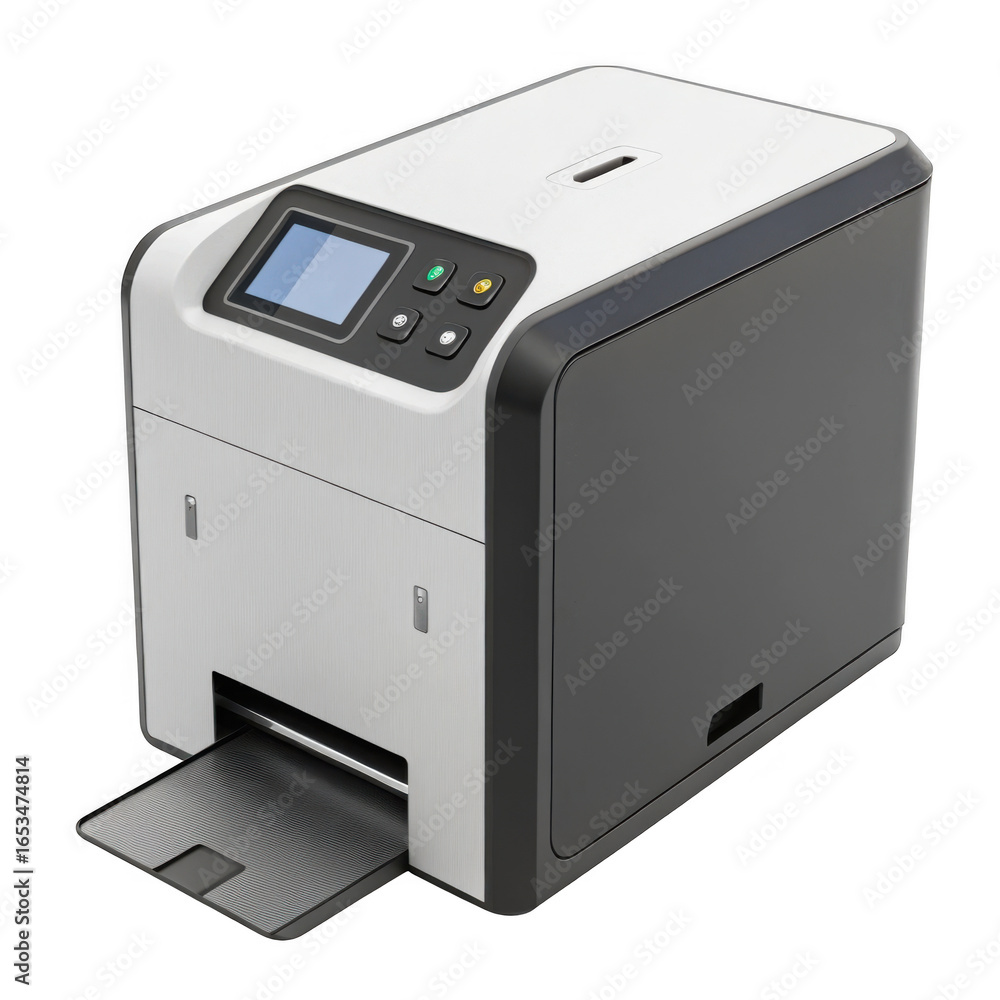 Modern compact label printer with digital display and output tray isolated on transparent background Modern compact label printer with digital display and output tray isolated on transparent background