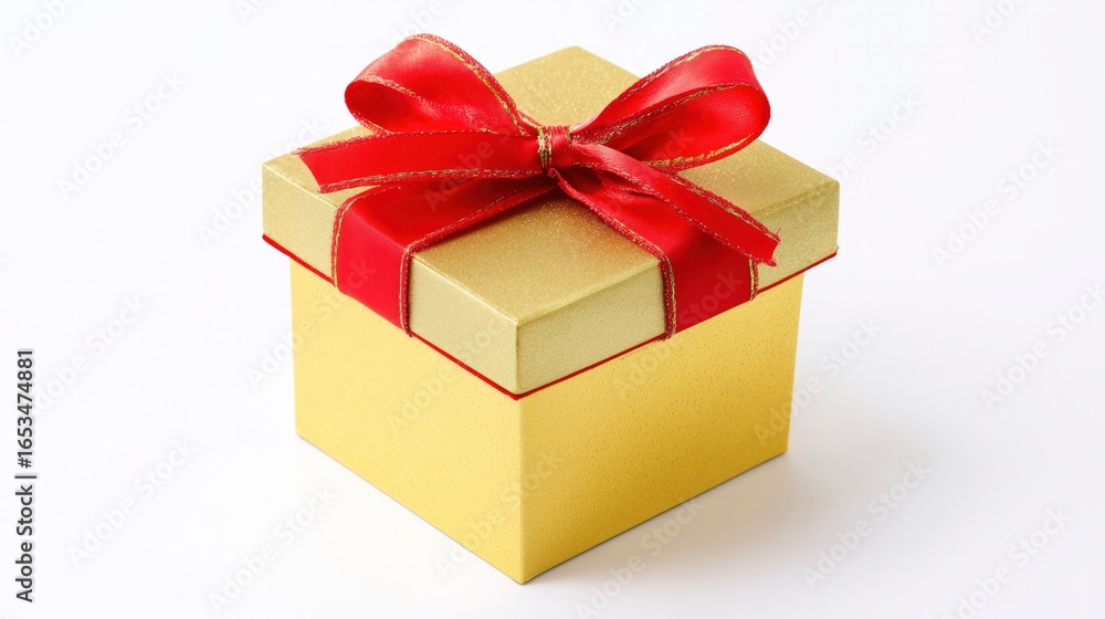 Obraz premium Golden gift box with red ribbon bow, elegant and festive, symbolizing luxury and celebration
