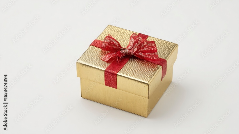 Obraz premium Golden gift box with red ribbon bow, elegant and festive, symbolizing luxury and celebration