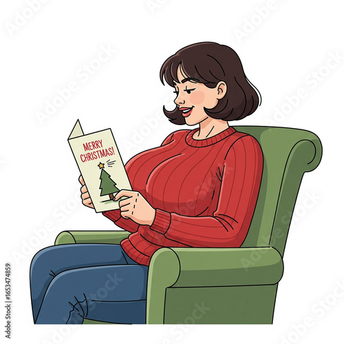 Smiling Woman Reading a Christmas Greeting Card Generative AI