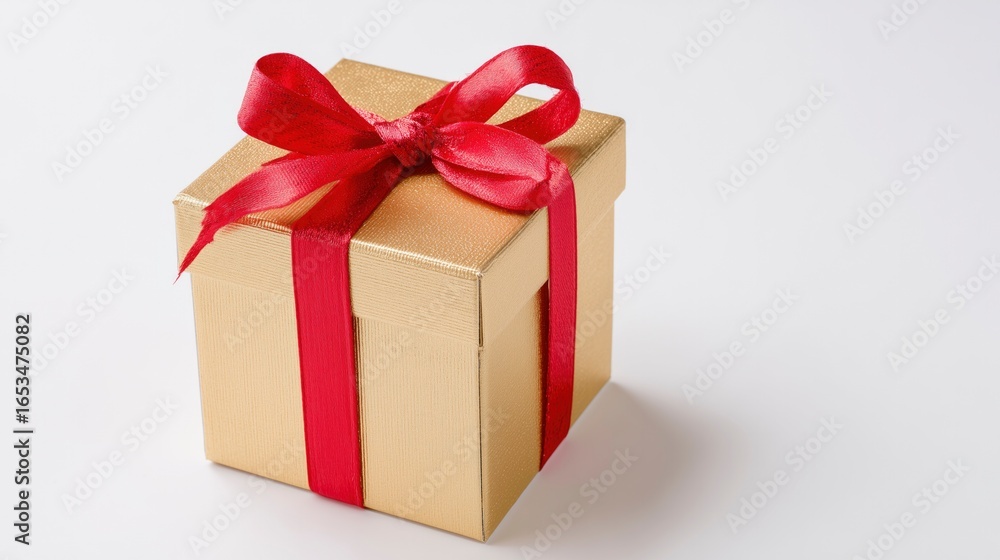Obraz premium Golden gift box with red ribbon bow, elegant and festive, symbolizing luxury and celebration