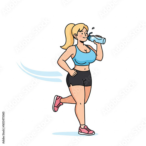 Illustration of a Woman Jogging in the Morning with a Water Bottle Generative AI