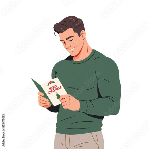 Illustration of a Happy Man Reading a Christmas Card – Generative AI