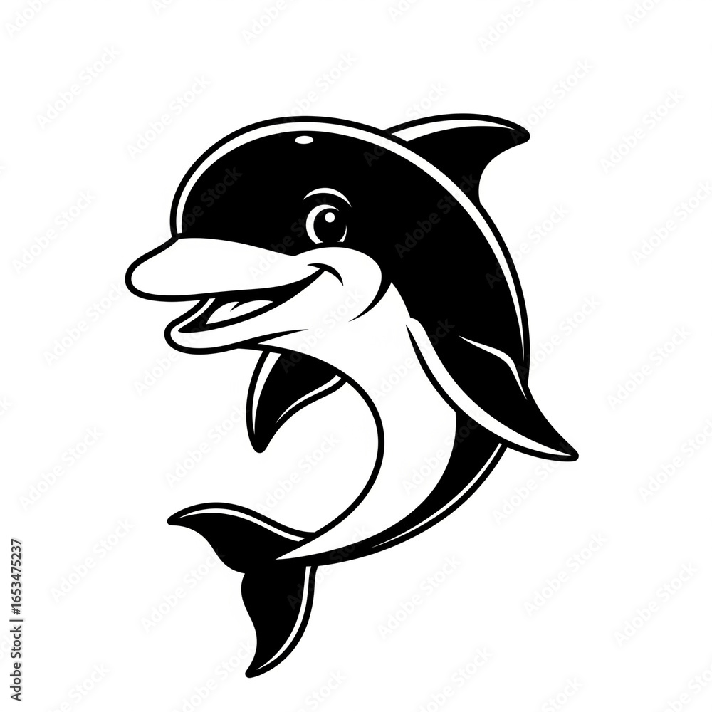 Fototapeta premium Monochrome Cartoon Dolphin Smiling Fin Mammal Oceanic Wildlife Illustration