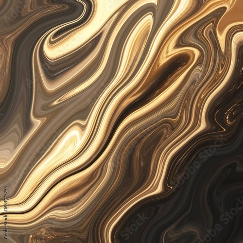 Swirling golden marble texture with glowing waves. Luxurious fluid abstract design. 
