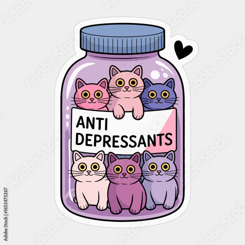 A cute bottle of antidepressants filled with adorable kittens, isolated on white background, representing mental health, therapy, and the comfort of pets