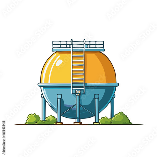 Cartoon Spherical Tank with Ladder for Liquid Storage on Supports near Shrubbery