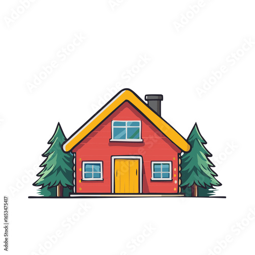 Cozy red country house cartoon illustration with yellow roof and green pine trees