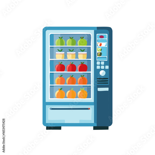 Blue vending machine stocked with colorful fruits and drinks showcasing fresh healthy options