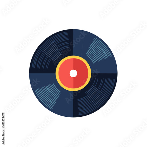 Abstract Vinyl Record Design: Retro Music Style, Dark Blue Disc with Grooves, Red Label.