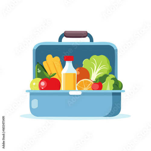 Healthy meal prep lunch box with fresh vegetables fruits and juice vector illustration