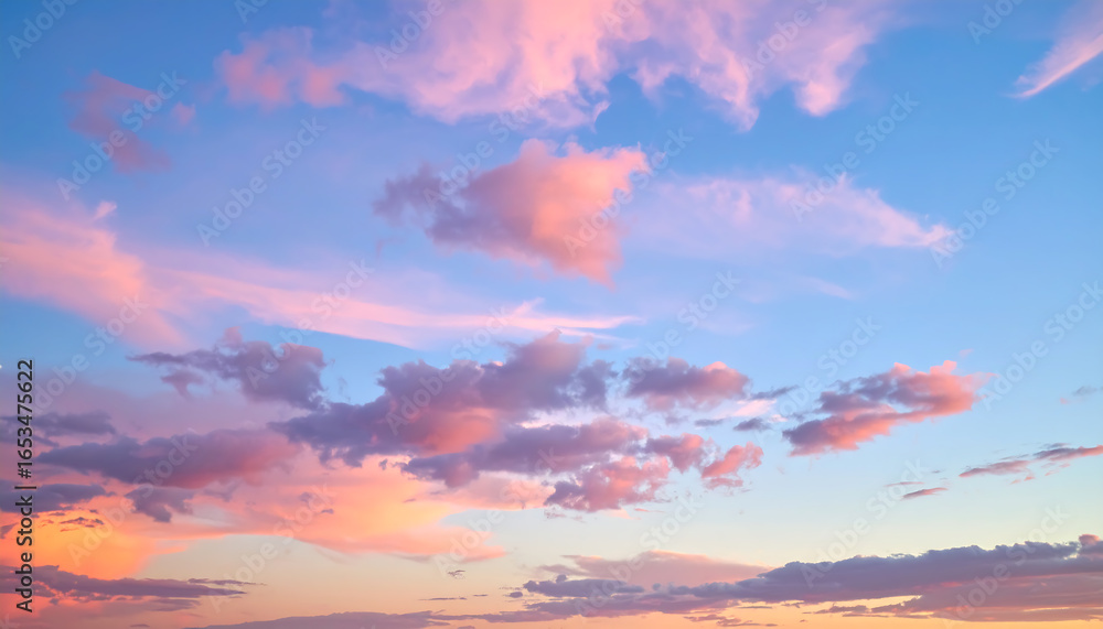 Obraz premium Serene Pastel Sunset Sky: Soft Pink and Blue Cloudscape, Dreamy Atmosphere, Peaceful Evening Light
